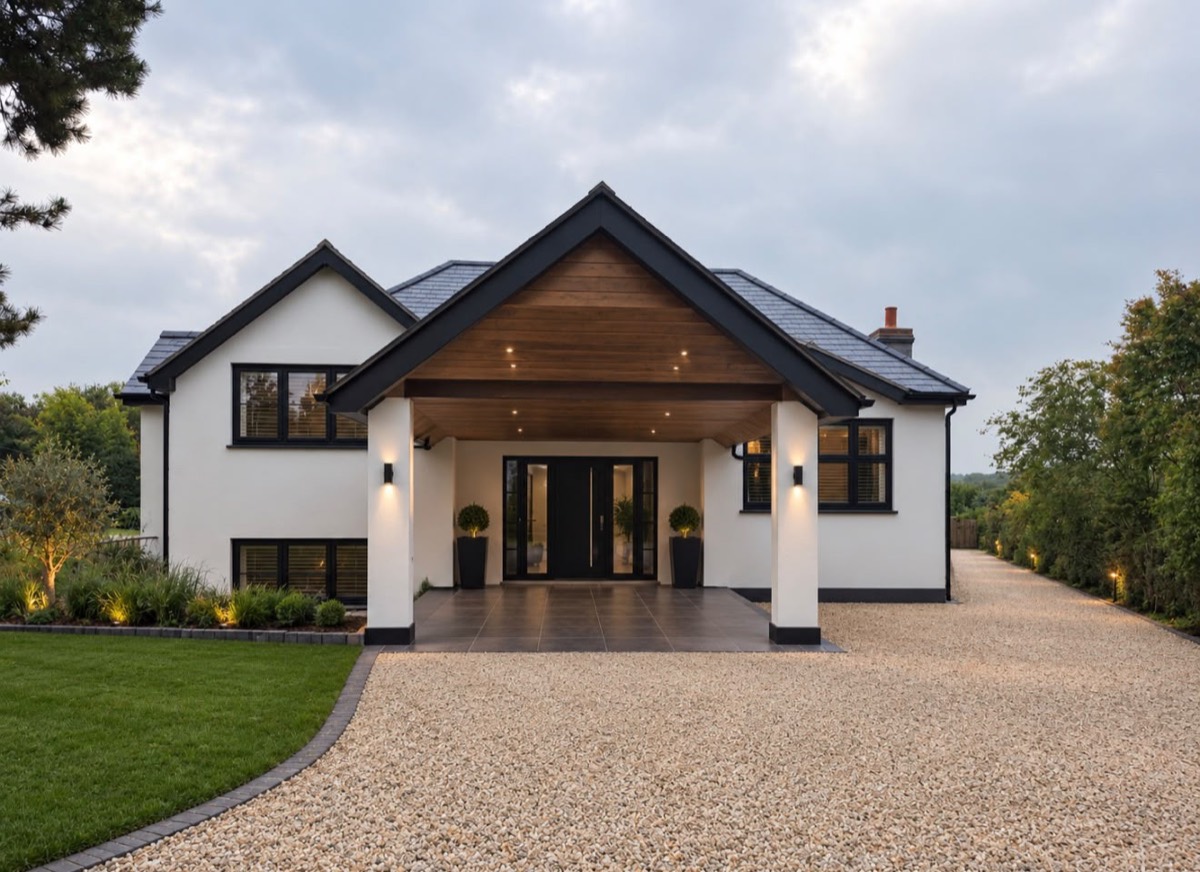 Visualisation of the finished front elevation with porch and driveway